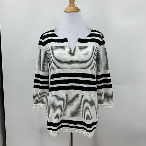 T by Talbots Top Women 0P Petite Black Ivory Striped Notch V Neck Crochet Fringe - Picture 2 of 13